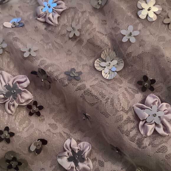 Mac Duggal Purple Floral Applique Puff Sleeve High Neck A-Line Gown Dress - Picture 13 of 15